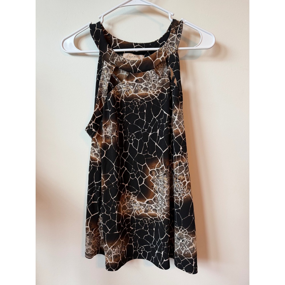 Diana Belle Brown Black Geometric Crackle Halter Cutout Blouse Large N23352C